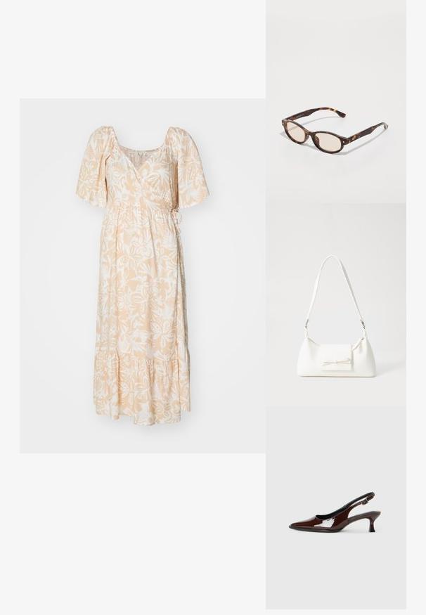 Maxi jurk van licht perzikkleurige stof met witte bloemenpatronen, korte pofmouwen, een strakke taille en een ruffled zoom.; Bruine gepatineerde leren slingback-schoen met een spitse neus en een gematigd hakje. Voorzien van een gespsluiting voor een veilige pasvorm. Glad van textuur.; Schildpadbril met een ronde vorm en lichte lenzen. Heeft stevige armen met kleine gouden accenten, gemaakt van plastic materiaal.; Witte synthetische handtas met een driehoekige vorm, platte voorklep en strikdetail, verstelbare schouderriem, gladde textuur en minimalistisch ontwerp.; Glanzende beige armband van gladde hars. Ronde vorm met een gelijkmatige oppervlakte en een klein gouden logo aan de binnenkant.