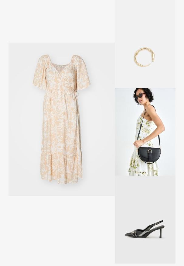 Maxikleid aus leichtem Pfirsichstoff mit weißen Blumenmustern, kurzen Puffärmel, tailliertem Gürtel und Rüschensaum.; Schwarzer Lackleder Slingback-Schuh mit spitzem Zehenbereich, Knöchelriemen mit silbernen Schnallen und Beschlägen sowie einem schlanken Absatz.; Schwarze Lederhandtasche mit geschwungener Form, abnehmbarem Tragegurt und goldenen Beschlägen. Die Tasche verfügt über einen Deckel mit einer Schnallen-Details.; Goldfarbener Ring mit einem organischen, gedrehten Design, glatter Oberfläche und sich verjüngenden Enden, was ein modernes, skulpturales Erscheinungsbild erzeugt.