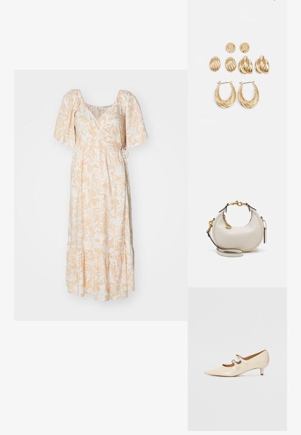 Maxi jurk van licht perzikkleurige stof met witte bloemenpatronen, korte pofmouwen, een strakke taille en een ruffled zoom.; Beige gepatineerde leren Mary Jane-schoenen met twee verstelbare gespen, spitse neus en een lage hak. Gladde textuur met een glanzende afwerking.; Crème leren handtas met een halve maan vorm, gouden hardware, zwarte accenten en een afneembare schouderband. Heeft een kettingdetail en label.; Goudkleurige oorbellen set met drie paar: textuur ovalen studs, golvende ontwerp studs en grote ring oorbellen met gelaagde ribbels.