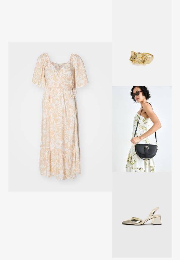 Ilga suknelė šviesiai persikinio spalvos audiniu su baltais gėlės raštais, trumpomis pūstomis rankovėmis, susiaurinta liemeniu ir raukšlėtu apačiu.; Auksiniai, metaliniai slingback aukštakulniai bateliai su smailiu pirštu ir masyviu kulnu. Lygus paviršius, minimalizmo dizainas ir siaura juostelė.; Juodas odinis krepšys su išlenkta forma, nuimamu dirželiu ir auksiniais detalėmis. Krepšys turi kilpą su sagtimi.; Aukso žiedas su tekstūruotu, banguotu dizainu, turintis tris iškilias viršūnes. Lygus, blizgus paviršius su atviromis juostelėmis, leidžiančiomis reguliuoti dydį.