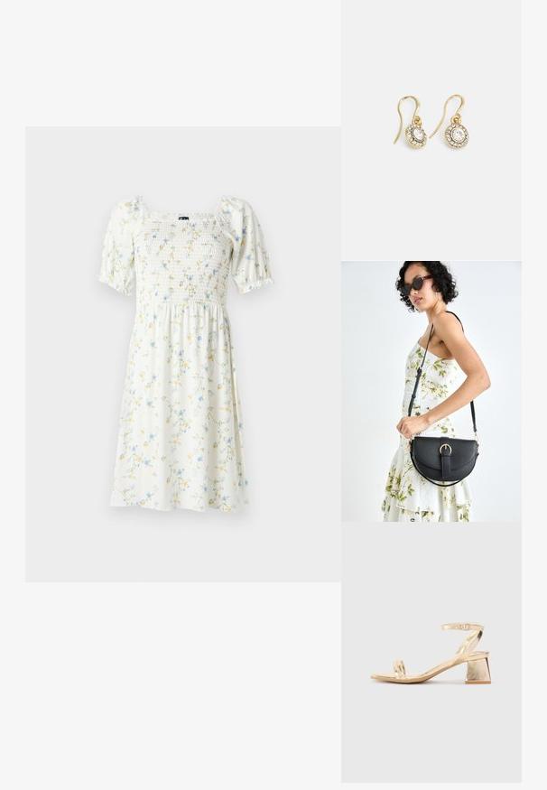 Gėlių rašto suknelė su kvadrato formos iškirpte, trumpomis pūstomis rankovėmis ir smockiniu liemeniu. Pagaminta iš lengvos baltos medžiagos su mėlynomis ir geltonomis gėlėmis.; Aukso metalinis kulnas sandalai su kampiniu bloku, dviem dirželiais virš pėdos ir reguliuojamu kulkšnies dirželiu. Lygus paviršius.; Juodas odinis krepšys su išlenkta forma, nuimamu dirželiu ir auksiniais detalėmis. Krepšys turi kilpą su sagtimi.; Aukso spalvos auskarai su ovalo formos skaidriais kristalais, apjuostais mažesniais skaidriais akmenukais, su kabliuko dizainu, užtikrinančiu saugų dėvėjimą.