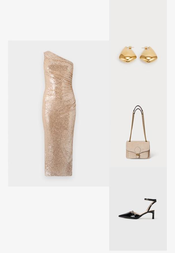 Egyvállas, testhezálló ruha, arany színű flitteres anyagból készült. Feszes sziluettet és sima textúrát kínál.; Fekete lakkbőr slingback sarkú cipők hegyes orral, bokapánttal és kis sarokkal, finom pántdíszítéssel.; Beige nubuk bőrtáska arany lánc pántokkal, strukturált téglalap alakú forma, varrott részletek, és arany logó akcentus az elején.; Aranyszínű fém fülbevalók sima, lekerekített háromszög alakúak, tűs hátlappal; tükröződő felület minimális díszítéssel.