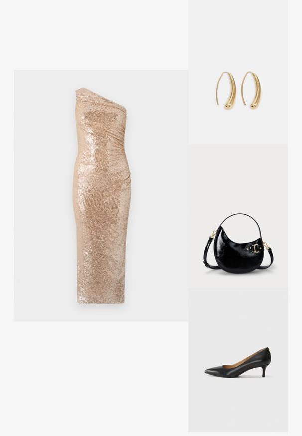 Vienkrūšu kleita ar veidotiem pleciem, izgatavota no zelta krāsas sekvīnu auduma. Raksturīga pieguloša silueta un gluda tekstūra.; Melnas ādas augstpapēžu kurpes ar pīlādžu purngalu, zemu papēdi un gludu virsmu. Raksturīga neliela atvere priekšā un minimāls aprīkojums aizmugurē.; Melnas patenta ādas rokassomas ar izliekta formu, regulējamu siksnu un zelta krāsā metāla detaļām sānos. Gluda, mirdzoša tekstūra.; Zelta toņu metāla gredzena auskari ar izliektu, pagarinātu formu. Ar gludu, spīdīgu virsma un noapaļotu galu papildu detaļām.