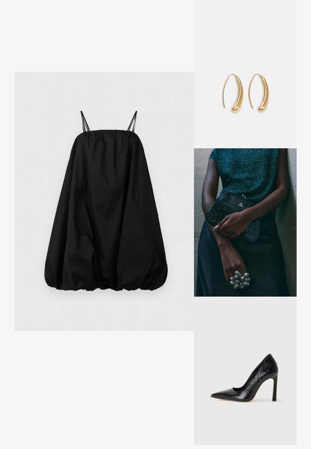 Fekete ujjatlan buborékruha, összegyűrt aljjal és vékony dupla vállpántokkal, egy sima fehér háttér előtt kiállítva.; Fekete hegyes orrú magassarkú cipő krokodilbőr textúrával, letisztult dizájnnal, magas tűsarkú és sima fekete belső résszel.; Fekete krokodilbőr mintázatú válltáska ezüst hardware-rel, egy texturált szürke háttér előtt tartva. Fényes felülettel rendelkezik.; Aranyszínű fémből készült karika fülbevalók ívelt, hosszúkás formával. Simaságával és fényes felületével, valamint lekerekített végével további részletekkel bővül.