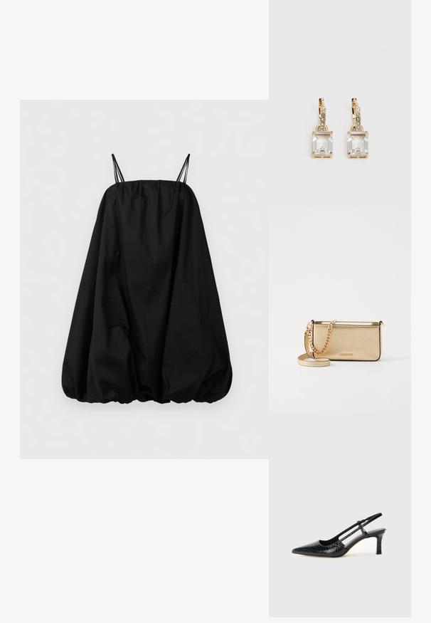 Vestido bolha preto sem mangas com bainha franzida e finas alças duplas, exibido contra um fundo branco liso.; Salto slingback em patente preta com bico apontado, apresentando um padrão de pele de cobra texturizado, tira ajustável e um salto bloco curto e texturizado.; Clutch de couro dourado metálico com um acabamento texturizado, apresentando uma alça de corrente dourada e uma alça de ombro removível. Logotipo da marca em relevo.; Brincos em tom de ouro com um cristal retangular claro pendurado abaixo de uma linha de pequenos acentos redondos claros. Design elegante e moderno.