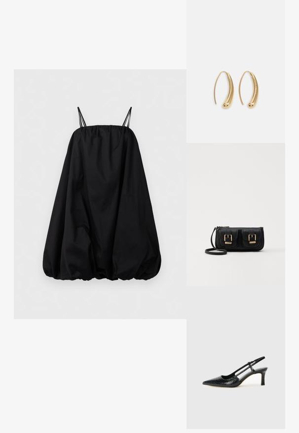 Robe bulle noire sans manches avec un ourlet froncé et de fines bretelles doubles, présentée sur un fond blanc uni.; Escarpin slingback en vernis noir avec un bout pointu, présentant un imprimé serpent texturé, une sangle réglable et un petit talon bloc texturé.; Sac en cuir noir porté en travers avec deux poches avant, boucles dorées, fermeture zippée et une sangle fine. Surface texturée et forme rectangulaire compacte.; Boucles d'oreilles en métal doré en forme d'anneau, avec une forme courbée et allongée. Elles présentent une surface lisse et brillante avec une pointe arrondie pour un détail supplémentaire.