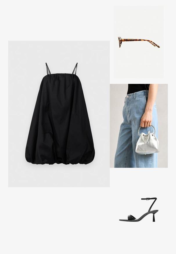 Črna brezrokavna obleka v obliki mehurčka z nabranim robom in tankimi dvojno ramenskimi trakovi, prikazana na enobarvnem belem ozadju.; Bershka Sandali z visoko peto - black; Sončna očala iz želvosliva z debelimi okvirji, rahlo ukrivljenimi nogicami in gladko teksturo. Imajo klasičen dizajn z sijočim finišom.; Metalna srebrna torba na ramenu z zrnato površino, okrašena s srebrnim okroglim ročajem in zapiranjem na vrvico, držana ob svetlo modrih džinsih.