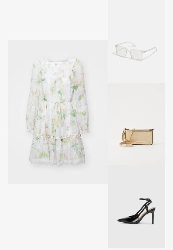 Needle & Thread IMMORTAL ROSE VIOLA MICRO MINI DRESS - Koktélruha / Partiruha - moonshine; Fekete lakkbőr magassarkú, slingback cipő, hegyes orral, állítható bokapánttal és nyitott oldalakkal. Simító felület.; Átlátszó műanyag négyzet alakú szemüveg, áttetsző lencsékkel, arany díszítéssel a szárakon a fokozott részletekért.; Fémes arany bőr clutch táska textured felülettel, arany lánc pánttal és levehető vállpánttal. Márkájának logója debösszel.