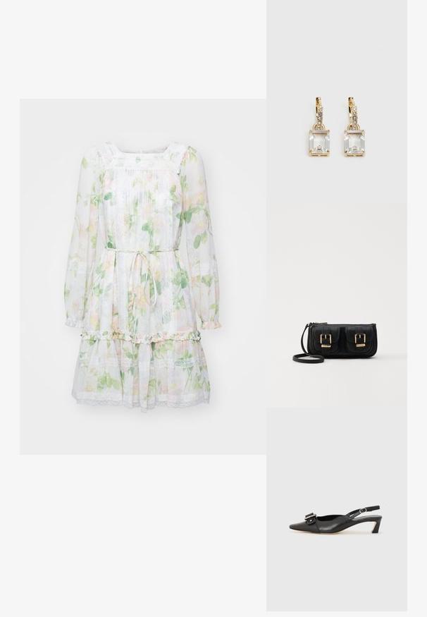 Needle & Thread IMMORTAL ROSE VIOLA MICRO MINI DRESS - Koktélruha / Partiruha - moonshine; Fekete bőr szandál kis sarkú, hegyes orral, díszes csattal a felsőrészen. Simább textúra, minimalista design.; Fekete bőr keresztbody táska két elülső zsebbel, arany csattokkal, cipzáras záródással és vékony pánttal. Textúrált felület és kompakt téglalap alak.; Aranyszínű fülbevalók, melyek egy téglalap alakú, tiszta kristállyal díszítették, ami egy sor kis, kerek, tiszta kiegészítő alatt lóg. Letisztult, modern dizájn.
