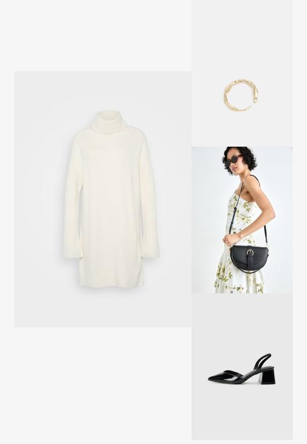 Valge kõrge kaelusega kampsun, mis on valmistatud pehmest kudumist. Omab pikkade varrukatega ja lõtva fit'iga, ribakonstruktsiooniga kaeluse ja mansettidega.; Mustad musta lakknahk kingad, millel on terav varvas ja geomeetriline plokkkonts. Omab elegantselt minimalistlikku disaini ja sujuvat tekstuuri.; Mustmust mustraha kõverate joontega, eemaldatava rihmaga ja kuldsete detailidega. Kotil on klapp, millel on pandladetail.; Kuldtoonis sõrmus, millel on orgaaniline, keerdunud disain sileda tekstuuri ja kitsenevate otstega, luues kaasaegse skulptuurilise välimuse.