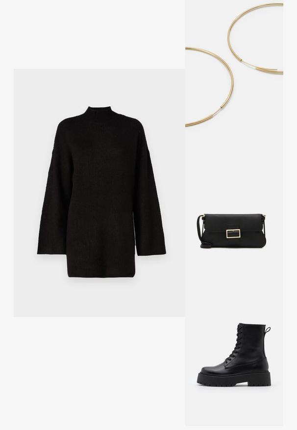 Melna pārspīlēta adīta džemperis ar augstu apkakli un garām piedurknēm, ar teksturētu audumu, kas piešķir papildu vizuālu interesi.; Melni ādas potītēm zābaki ar apļveida purngalu, auklām priekšpusē un biezu gumijas zoli ar teksturētu protektoru. Velkšanas cilpa aizmugurē.; Melnas ādas saķeres soma ar atloku un zelta metāla sprādzi. Ietver melnu siksnu un elegantu, minimālistisku dizainu.; Zelta krāsas auskari gredzena formā, plāni un apaļi, ar gludu metāla apdari un bez rotājumiem vai zīmējumiem.