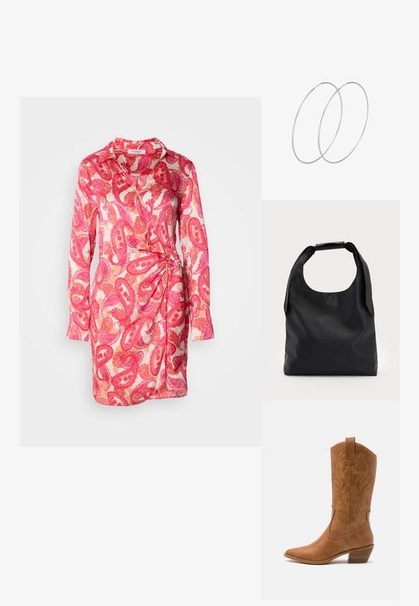 Garšīgu piedurkņu kleita vieglā audumā ar rozā paisley rakstu, aprīkota ar apkakles kakla izgriezumu un mezgla sānu detaļu.; Brūni ādas kovboju zābaks ar norādītu purngalu, izšūtām viļņveida apakšējo detaļu un sakrautajiem blokiem. Iezīmēts ar velkšanas cilpu ērtai uzvilkšanai.; Melna ādas hobo soma ar vienu mīkstu, noapaļotu rokturi; tai ir gluda virsma un minimālistisks dizains. Nav redzamu metāla detaļu vai akcentu.; Sudraba gredzenveida auskari ar minimālistisku dizainu. Cirkulāra forma, gluda tekstūra un plāns profils. Vieglu svaru ar spīdīgu apdari.