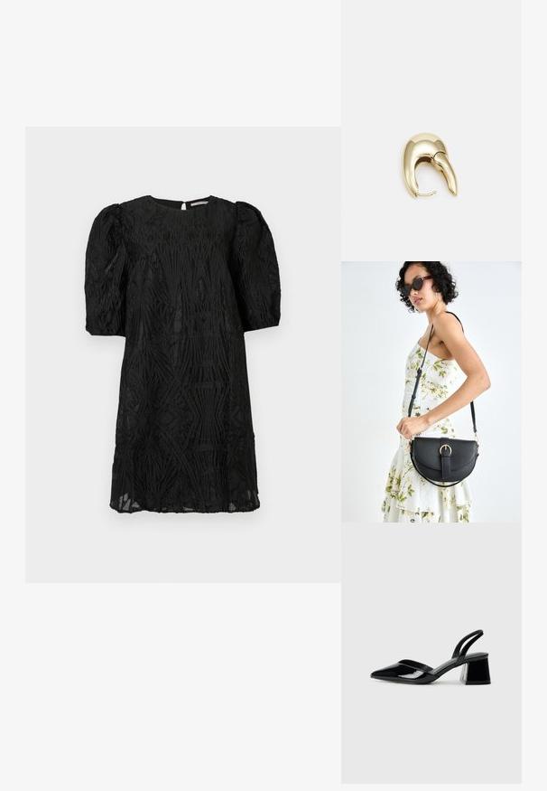 Vestido negro de longitud hasta la rodilla con mangas abullonadas y patrones geométricos texturizados intrincados en todo el tejido, sobre un fondo liso.; Zapatos de tacón slingback de charol negro con punta afilada y tacón geométrico en bloque. Presentan un diseño elegante y minimalista, así como una textura suave.; Bolso de piel negra con forma curva, correa desmontable y herrajes dorados. El bolso cuenta con una solapa con un detalle de hebilla.; Pendiente de metal en tono dorado con un diseño elegante y curvado. Presenta una forma puntiaguda distintiva, superficie pulida y cierre de bisagra.