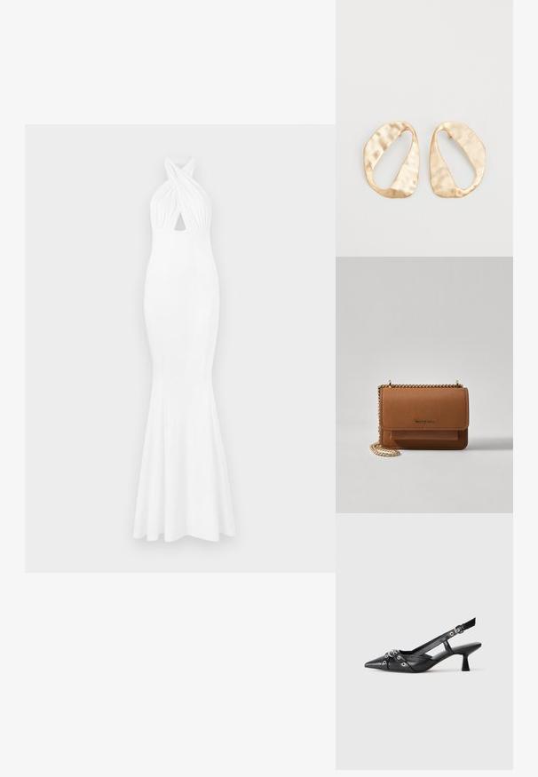 Rochie de seară albă cu un corset ajustat, gât halter, detalii răsucite în față și tiv evazat. Fabricată dintr-un material neted și elastic.; Pantofii slingback din piele neagră, cu vârful ascuțit, curele decorative cu ochiuri din metal și toc bloc mic. Suprafață texturată.; Geantă crossbody din piele texturată maro, cu curea din lanț aurit și închidere cu clapetă. Partea din față prezintă detalii cu logo și o buzunar sub clapetă.; O pereche de cercei din metal de culoare aurie, cu formă ovală neregulată, având o suprafață texturată, ușor ciocănită, pe un fundal alb.