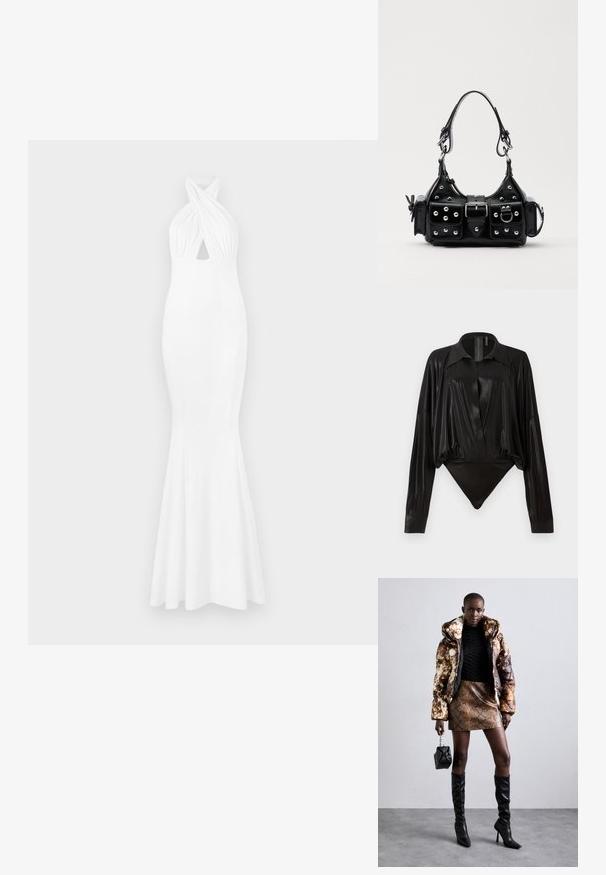 Rochie de seară albă cu un corset ajustat, gât halter, detalii răsucite în față și tiv evazat. Fabricată dintr-un material neted și elastic.; Body negru cu mâneci lungi, decolteu în V și o siluetă ajustată. Fabricat dintr-un material lucios și neted, cu guler structurat și manșete.; Jachetă puffer cu un model maro și negru, asortată cu o fustă mini din piele de șarpe maro, cizme negre până la genunchi și o geantă mică neagră.; Geantă de piele neagră cu un design curbat, dotată cu studuri argintii, o cataramă și două buzunare laterale. Curea ajustabilă pentru opțiuni de transport.