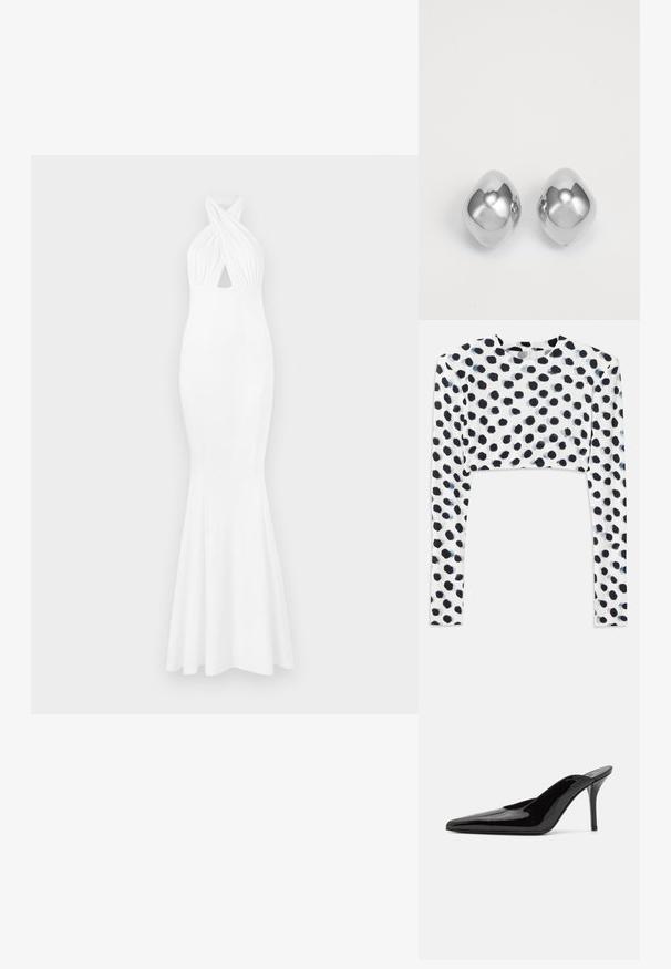 Weißes Abendkleid mit tailliertem Oberteil, Halterneck, verdrehtem Frontdetail und ausgestellt geschnittenem Saum. Hergestellt aus glattem, dehnbarem Stoff.; Gekürztes Langarmoberteil aus dehnbarem weißen Stoff mit einem schwarzen Polka-Dot-Muster, glatter Textur und rundem Ausschnitt.; Schwarze Lackleder-Pumps mit hohen Absätzen, spitzer Zehenform und schlanker Silhouette, mit offenem Rücken und schlankem Stiletto-Absatz.; Silberne Ohrringe aus Metall mit einer glatten, runden Form, die eine polierte Oberfläche und reflektierende Eigenschaft aufweisen. Minimalistisches Design ohne Verzierungen.