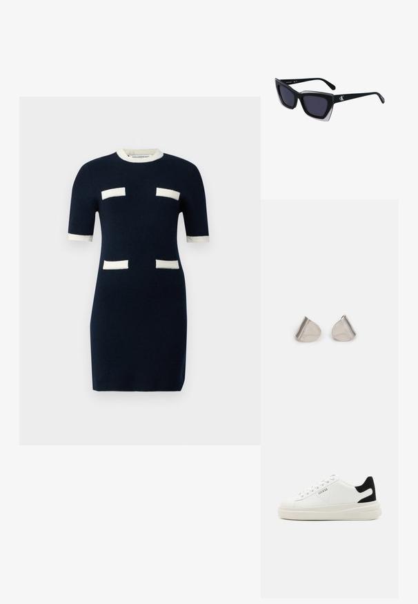 Navy sininen neulemekko lyhyillä hihoilla, ribattu pääntie ja valkoiset suorakaiteen muotoiset yksityiskohdat rinnassa ja hihoissa. Kiinteä malli.; Valkoiset nahkakengät paksulla valkoisella pohjalla, mustalla mokkanahkaosuudella kannassa ja kohokuvioitu logo sivulla. Nauhakeskitys kuudella reiällä.; Mustat ylisuuret aurinkolasit, joissa on geometrinen muoto, tummat linssit ja kehykseen erottuva harmaa yksityiskohta. Logo varressa.; Hopea metalliset korvakorut, joissa on sileä, pisaramainen muoto ja kiillotettu pinta. Huomaamattomat kaiverrukset lisäävät yksityiskohtia. Minimalistinen muotoilu.