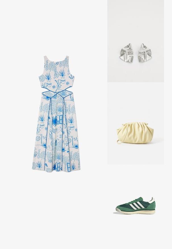 Bijela haljina bez rukava s plavim printanim uzorcima, uključujući biljke i oblike, s prilagođenim korzetom i lepršavim suknjicama.; Zeleni atletski tenisice koje sadrže kombinaciju antilopa i sintetičkih materijala, tri bijele pruge i strukturiranu gumenu potplate.; Žuta plisirana torbica napravljena od glatke umjetne kože, s mekim oblikom, jednom naramenicom i nabranim dizajnom na vrhu.; Srebrne metalne naušnice s valovitim, skulpturalnim dizajnom, naglašenim sjajnom završnom obradom i nepravilnim oblicima, što ističe suvremeni estetski izraz.