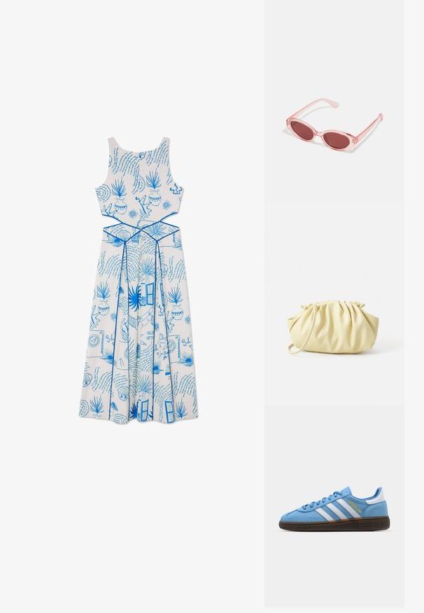 Bijela haljina bez rukava s plavim printanim uzorcima, uključujući biljke i oblike, s prilagođenim korzetom i lepršavim suknjicama.; Svijetloplave nubuk tenisice s bijelim kožnim trakama, smešim teksturiranim đonom i zlatnim logom. Dizajn niskih tenisica s zaobljenim vrhom.; Ružičaste prozirne sunčane naočale s ovalnim staklima, tamnocrvenim tonom i tankim drškama, s glatkom površinom i suptilnim detaljima na okviru.; Žuta plisirana torbica napravljena od glatke umjetne kože, s mekim oblikom, jednom naramenicom i nabranim dizajnom na vrhu.