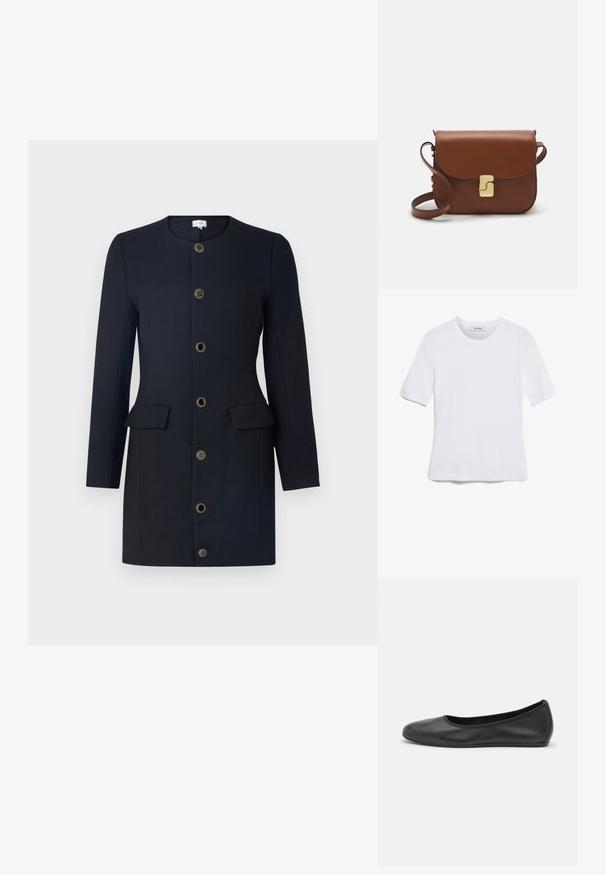 Black coat with long sleeves, round neckline, and six gold-button closure, featuring two front pockets and a smooth fabric texture.; White short-sleeve t-shirt made of ribbed fabric. Round neckline, regular fit, and subtle stitching details. No patterns or graphics.; Black leather ballet flat with a rounded toe, smooth texture, minimal stitching detail, and a flexible sole design.; Brown leather handbag with a flap closure, gold-tone hardware, a shoulder strap, and a smooth texture. Compact rectangular shape.