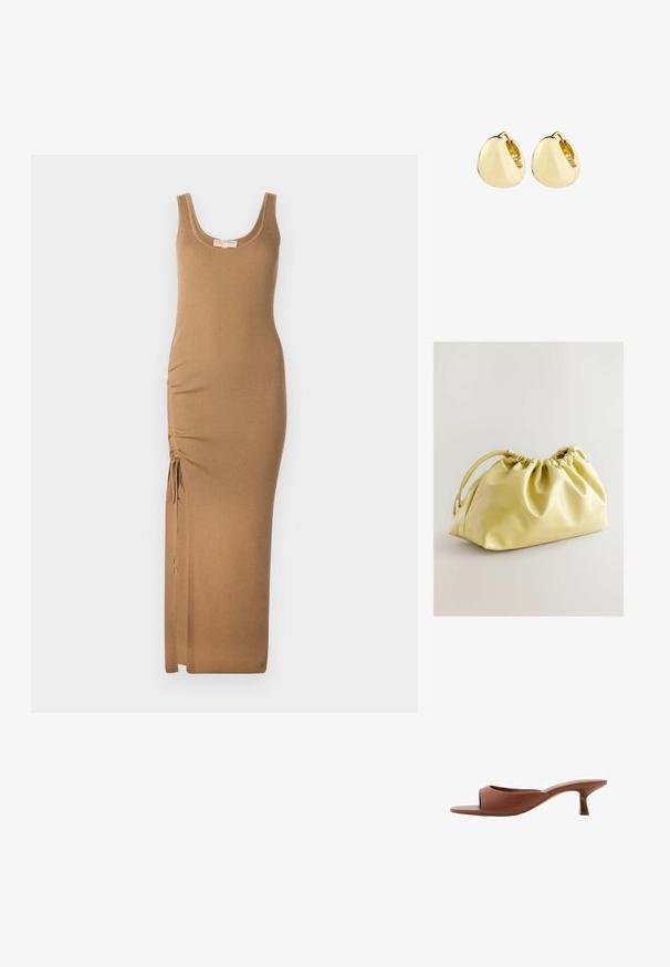 Ribbed knit maxi dress in light brown, featuring a scoop neckline and adjustable side ruching with ties for fit.; Ruske avto čevlji s peto, odprti spredaj, z gladko mat površino, ki imajo ukrivljen dizajn in prozorno, stožčasto peto.; Next Pikkulaukku - yellow; Korvakorut, joissa on kultaiset hoopit, sileä ja pyöreä muoto; kiiltävä pinta ja avonainen suljenta, jossa on hienovarainen sauma kiinnittämistä varten.