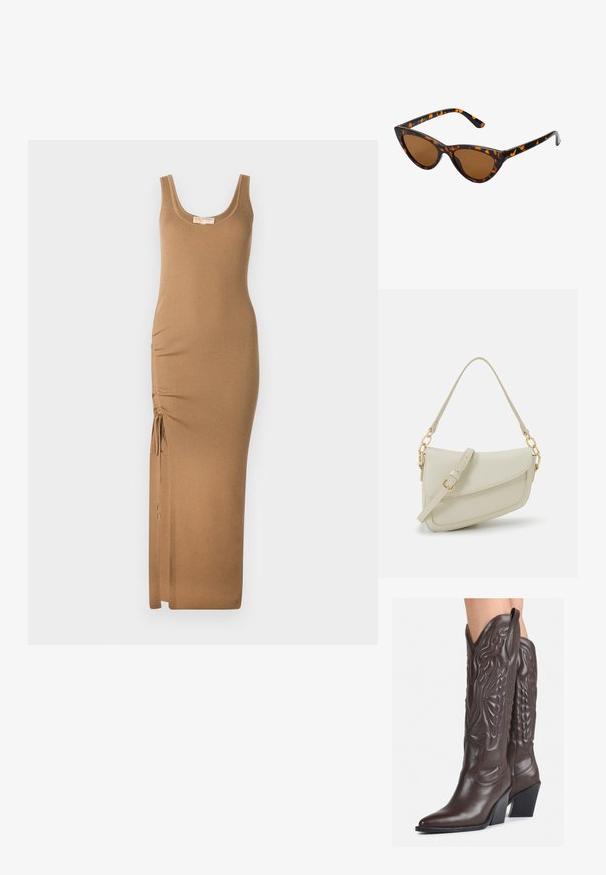 Vestido maxi de malha canelada em castanho claro, com decote arredondado e franzido lateral ajustável com cordões para melhor ajuste.; Botas de cowboy em couro castanho com bico pontudo e salto quadrado, apresentando costuras detalhadas e realces elevados no cano.; Óculos de sol estilo gato com uma armação em tartaruga preta e laranja, lentes castanhas e pontas elegantes e pontiagudas. Apresenta um logo minimalista na haste.; Pequena bolsa de creme com um acabamento texturizado, uma alça longa ajustável, um detalhe em corrente e um fecho de aba. Detalhes em hardware dourado.