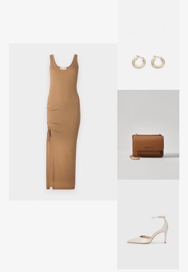 Ribota trikotāžas maksi kleita gaiši brūnā krāsā, ar apaļu kakla izgriezumu un pielāgojamu sānu savilcējs ar saitēm, lai nodrošinātu piemērotību.; Baltas ādas augstpapēžu kurpes ar smailu purngala daļu, potītes siksniņu un šauru stiletto papēdi. Gluda tekstūra ar smalku spīdumu.; Brūna teksturēta ādas plecu soma ar zelta ķēdes siksnu un atloka aizdari. Priekšpusē ir logotipa detaļa un kabata zem atloka.; Lauren Ralph Lauren BASIC SMALL HOOP - Auskari - gold-coloured