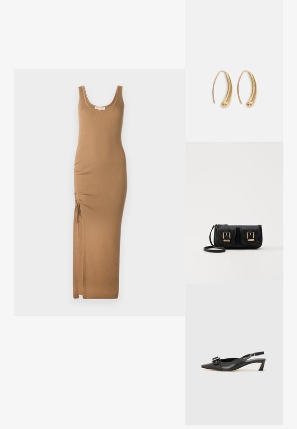 Kootud maksikleidi ribide muster heledas pruunis, millel on ümara kaelusega avaus ja reguleeritav külgmine rühi sidumiseks sobivuse tagamiseks.; Must must nahk slingback kingad terava varbaga, väikese kontsaga ja dekoratiivse pandlaga ülaosas. Sile tekstuur, minimalistlik disain.; Must küllastamata nahast õlakott, millel on kaks esist nähtavat taskut, kuldsed pandlad, tõmblukuga sulgemine ja peen rihm. Tekstuuriga pind ja kompaktne ristkülikukujuline kuju.; Kuldtoonilised metallist rõngas kõrvarõngad, millel on kõver ja piklik kuju. Omavad siledat, läikivat pinda ja ümarat tipptugevdust, mis lisab detaili.