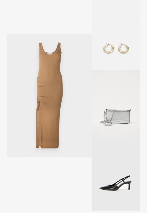 Hladký pletený maxi šaty v svetlohnedej farbe, s okrúhlym výstrihom a nastaviteľným riasením na bokoch so zaväzovaním pre lepšie prispôsobenie.; Čierne patentové slingback topánky na ihlovom podpätku s špicatou špičkou, s textúrovaným hadím vzorom, nastaviteľným popruhom a krátkym, textúrovaným blokovým podpätkom.; Strieborná kožená crossbody taška s textúrovaným povrchom, reťazcovými a ramennými akcentmi a zipsovým uzáverom. Na prednej strane sa nachádza logo.; Lauren Ralph Lauren BASIC SMALL HOOP - Náušnice - gold-coloured