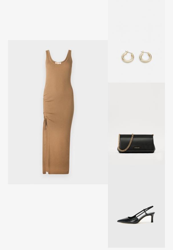 Długa sukienka dzianinowa w kolorze jasnobrązowym, z dekoltem w serek oraz regulowanymi marszczeniami po bokach z wiązaniami dla lepszego dopasowania.; Czarne lakierowane czółenka na obcasie typu slingback z wąskim noskiem, z teksturowanym wzorem wężowym, regulowanym paskiem oraz krótkim, teksturowanym obcasem w kształcie słupka.; Czarna skórzana kopertówka z złotym łańcuszkiem, charakteryzująca się gładką fakturą, prostokątnym kształtem i wytłoczonym logo z przodu.; Lauren Ralph Lauren BASIC SMALL HOOP - Kolczyki