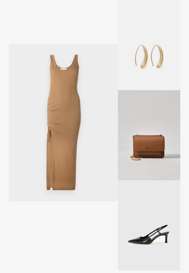 Ribotu trikotažo maksi suknelė šviesiai rudos spalvos, su apvalia iškirpte ir reguliuojamu šoniniu susiraukimu su raišteliais pritaikymui.; Juodai lakuoti slingback aukštakulniai su smailiu nosiu, su tekstūruotu gyvatės raštu, reguliuojama juosta ir trumpu, tekstūruotu blokiniu kulnu.; Ruda tekstūruota odinė per petį nešama rankinė su auksiniu grandininiu dirželiu ir užlenkiamo užsegimo. Priekinėje pusėje yra logotipo detalė ir kišenė po užlenkimu.; Auksinės metalinės auskarų kabės su lenktą, pailgą forma. Turi lygų, blizgantį paviršių ir užapvalintą galiuką papildomam akcentui.
