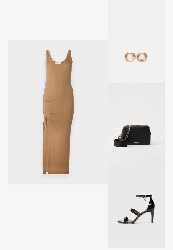 Kootud maksikleidi ribide muster heledas pruunis, millel on ümara kaelusega avaus ja reguleeritav külgmine rühi sidumiseks sobivuse tagamiseks.; Must musta nahk sandaal kolme rihmaga, pahkluu vööga ja 4-tollise stilettakontsaga. Omab kuldset detaili ja logovõtit.; Musta nahast risti kott kuldsete ahelate aktsentidega, lukuga sulgemine ja eemaldatav kangast rihm. Michael Korsi logo ees.; Kullatud rõngaste kõrvarõngad, millel on poleeritud viimistlus, pakuvad paksu ringikujulist disaini ja kindlat sulgemismehhanismi. Sile tekstuur ja läikiv välimus.