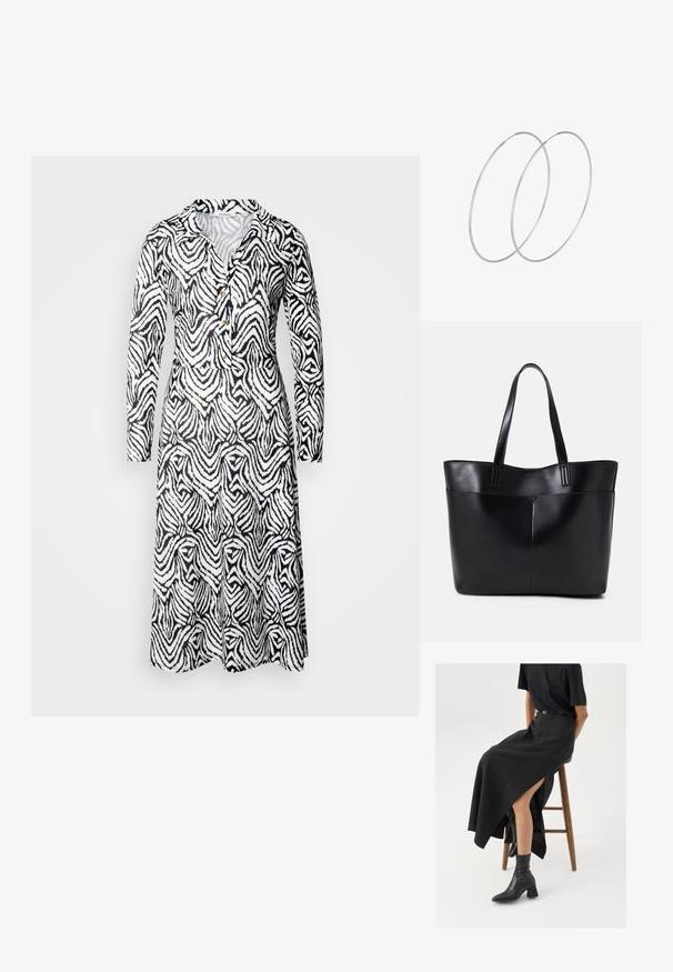 Mustvalge mustriga kleit, millel on krae, pikad varrukad, nööbid ja voolav disain, millel on lainelised triibud kangal.; Must mustriga mustri, kõrge lõhiku ja musta T-särgiga, koos mustade ankle kingadega. Minimalistlik disain, lõtv istuvus.; Must mustaga musta nahast, millel on kaks pikka kanda, sile tekstuur ja struktureeritud kuju. Esipoolsel on lisakoti jaoks tasku.; Hõbedased rõngastikkaehingad minimalistlikus disainis. Ümar kuju, sile tekstuur ja õhuke profiil. Kerged ning poleeritud viimistlusega.