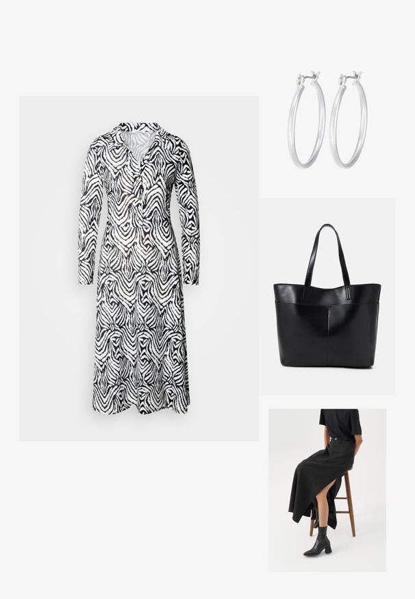 Mustvalge mustriga kleit, millel on krae, pikad varrukad, nööbid ja voolav disain, millel on lainelised triibud kangal.; Must mustriga mustri, kõrge lõhiku ja musta T-särgiga, koos mustade ankle kingadega. Minimalistlik disain, lõtv istuvus.; Must mustaga musta nahast, millel on kaks pikka kanda, sile tekstuur ja struktureeritud kuju. Esipoolsel on lisakoti jaoks tasku.; Hõbedased rõngaskõrvarõngad, millel on sile, läikiv viimistlus. Ümmargune kuju ja turvaline klõpsulatus. Kerge disain, sobib igapäevaseks kandmiseks.