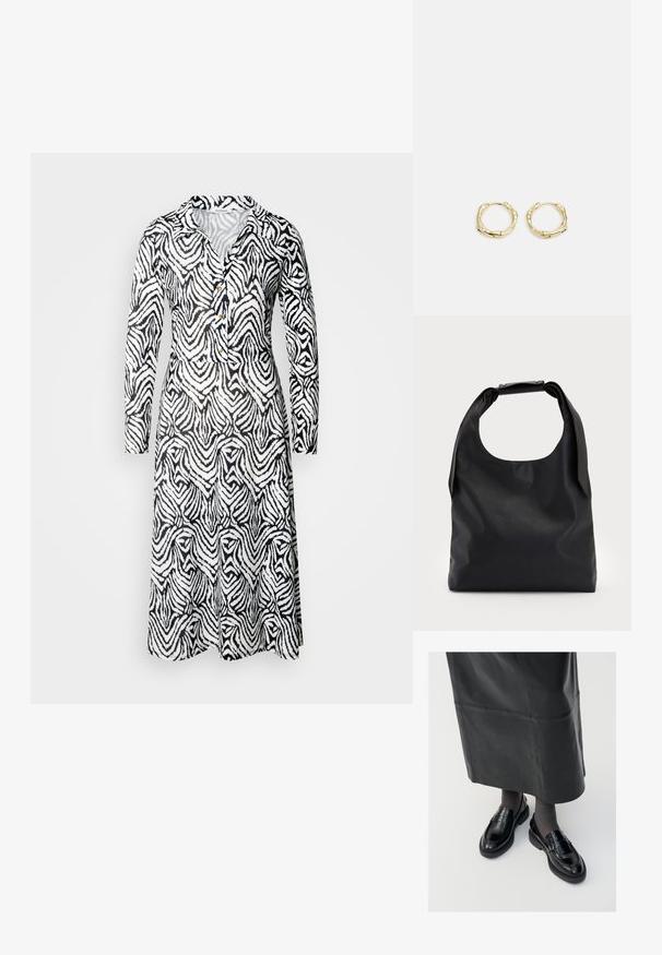 Šaty so vzorom v čiernej a bielej farbe, s golierom, dlhými rukávmi, detailmi na gombíky a voľným strihom, na ktorých sú vlnité prúžky po celom povrchu látky.; Čierne kožené poltopánky s hladkým povrchom, s dekoratívnym pásikom, okrúhlou špičkou a textúrovanou podrážkou. Nosené s dlhou čiernou koženou sukňou.; Čierna kožená hobo taška s jedným mäkkým, zaobleným uchom; má hladkú textúru a minimalistický dizajn. Žiadne viditeľné kovanie ani akcenty.; Zlaté kruhové náušnice s textúrovaným, nepravidelným tvarom. Majú bezšvové uzatváranie a lesklý povrch, čo podčiarkuje moderný dizajn.
