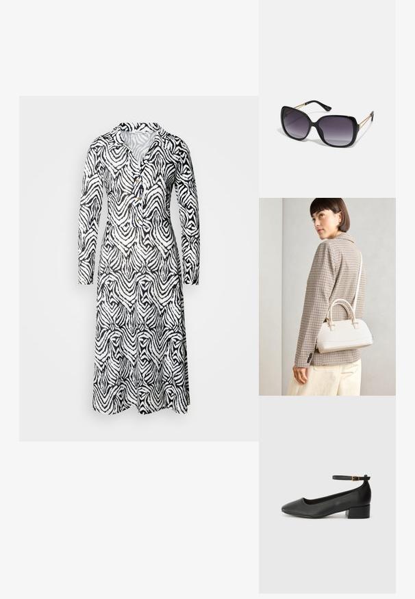 Robe à motif noir et blanc avec un col, des manches longues, un détail de boutonnage et un design fluide présentant des rayures ondulées sur le tissu.; Escarpin en cuir noir avec un bout pointu et un petit talon bloc. Doté d'une bride de cheville avec une boucle dorée. Texture lisse.; Lunettes de soleil noires surdimensionnées avec des verres dégradés, monture épaisse et détails en chaîne dorée sur les branches.; Sac à main structuré blanc avec de courtes poignées et une bandoulière, doté de accents en métal doré et d'un matériau texturé, présenté sur un fond gris.