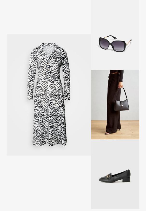 Fekete-fehér mintás ruha, gallérral, hosszú ujjakkal, gombos részletekkel és laza fazonnal, melyen hullámos csíkok futnak végig.; Fekete bőr loaferek lapos talppal, dekoratív arany hardware részlettel az elején és sima felülettel.; Fekete, oversize napszemüveg fokozatos árnyalatú lencsékkel, vastag kerettel és arany színű lánc díszítéssel a szárakon.; Fekete kézi táska strukturált formával, sima textúrával és fémből készült záródással. Széles fekete nadrággal és nyitott orrú szandállal párosítva, fából készült padlón.