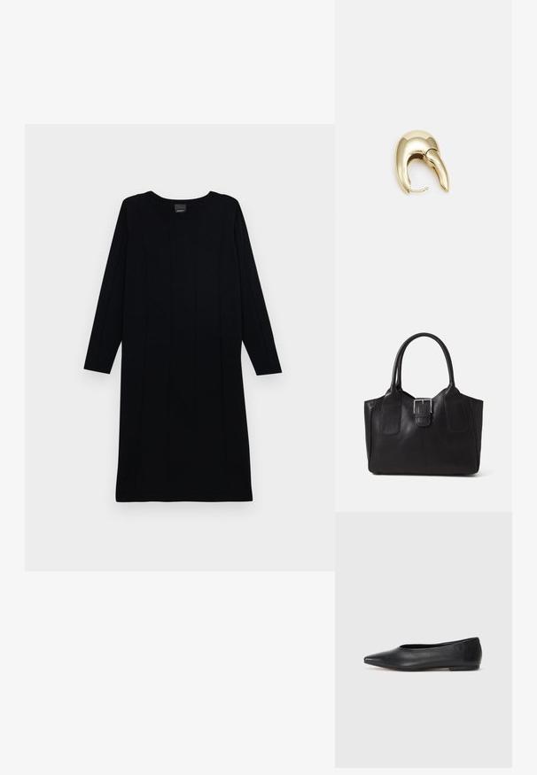 Svart strikket kjole med lange ermer, rund hals og vertikal ribbestruktur. Enkelt design, knelang, med ensfarget stoff.; Sorte lærballerina med spiss tå, minimalistisk design, glatt tekstur, lav hæl uten synlig metall eller dekorasjoner.; Svart skinn toteveske med jevn tekstur, strukturert form, to håndtak og en fremtredende sølvspenne foran.; Gullfarget metalløredobber med et elegant, buet design. Har en karakteristisk spiss form, polert overflate og hengsel-lukking.