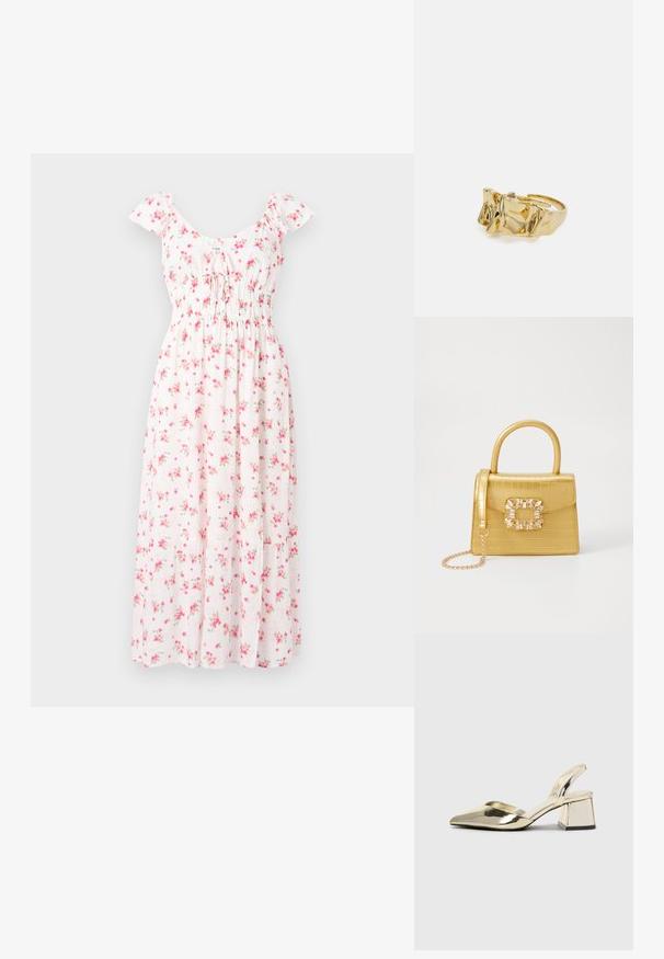 Weißes Maxikleid mit floralen Motiven und pinken Blumen, kurzen Puffärmeln und gerafftem Oberteil. Weicher Baumwollstoff mit einem fließenden Rockdesign.; Goldene, metallische Slingback-Absätze mit spitzem Zeh und dicker Ferse. Glatte Textur, minimalistisches Design und ein schmaler Riemen.; Gelbe Kunstleder-Handtasche im Krokodil-Look mit strukturiertem Design, Obergriff, abnehmbarem Kettenriemen und dekorativer Kristallverzierung am Verschluss.; Goldring mit strukturiertem, wellenförmigem Design, das drei markante Spitzen aufweist. Glatte, glänzende Oberfläche mit einem offenen Band für einen verstellbaren Sitz.