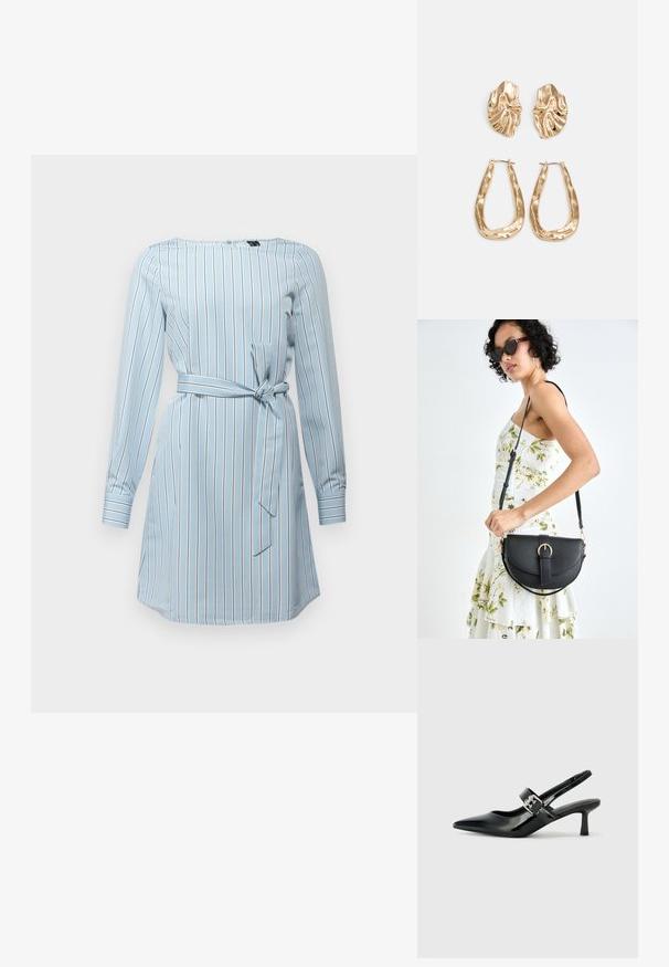 Vestido longo de manga comprida azul claro com riscas brancas verticais, cinto na cintura, com decote arredondado e bolsos laterais.; Saltos slingback em verniz preto com bico pontiagudo e um pequeno salto bloco, apresentando um detalhe de fivela prateada na tira.; Bolsa de couro preta com forma curva, alça destacável e detalhes em dourado. A bolsa possui uma aba com detalhe de fivela.; Brincos em tom de ouro com formas onduladas e texturizadas. Inclui studs escultóricos com presilha e um design de argola aberta com um acabamento martelado.