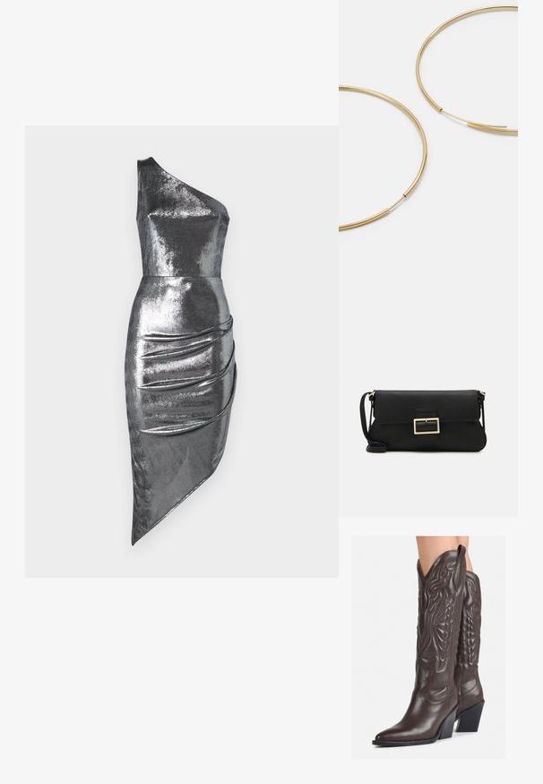 Viena pleca sudrabaini metāliska kleita ar pieguļošu augšdaļu un asimetrisku apakšmalu, ar savelkamu dekorāciju sānos. Gluda, spīdīga tekstūra.; Brūni ādas kovboju zābaki ar norādītu purngalu un blokveida papēdi, ar detalizētu šūšanu un paceltiem akcentiem uz kājas daļas.; Melnas ādas saķeres soma ar atloku un zelta metāla sprādzi. Ietver melnu siksnu un elegantu, minimālistisku dizainu.; Zelta krāsas auskari gredzena formā, plāni un apaļi, ar gludu metāla apdari un bez rotājumiem vai zīmējumiem.