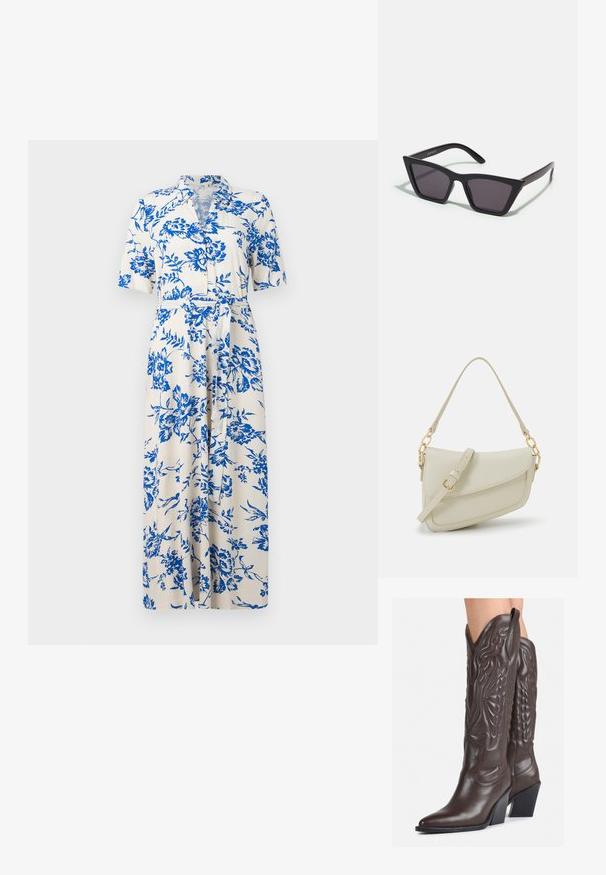 Kremai audumā izgatavota kleita ar īsām piedurknēm, ar zilu ziedu rakstu, pogu priekšpusi, jostu vidukļa daļā un ceļa garuma apakšmalu. Standarta apkakles dizains.; Brūni ādas kovboju zābaki ar norādītu purngalu un blokveida papēdi, ar detalizētu šūšanu un paceltiem akcentiem uz kājas daļas.; Melni, stūrveida saulesbrilles ar pelēkiem objektīviem; izgatavotas no plastmasas, ar biezām kājām, kam ir gluda virsma un nav redzamu stiprinājumu.; Maza krēmkrāsas rokas soma ar teksturētu apdari, garu regulējamu siksniņu, ķēdes akcentu un vāciņa aizdari. Zelta aparatūras detaļas.