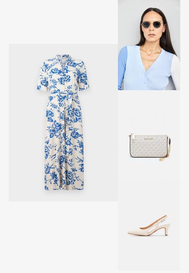 Kratke rukave haljina od kremaste tkanine s plavim cvjetnim uzorkom, gumbe sprijeda, pojasom u struku i dužinom do koljena. Standardni dizajn ovratnika.; Bijela slingback peta s oštrim vrhom, glatkim gornjim materijalom, niskom blok peta te dizajnom s bočnim izrezom i podešivom kopčom.; Ok Runde sunčane naočale s tamnim staklima i zlatnim okvirom. Model nosi svijetloplavi rebrasti kardigan s gumbima i kontrastnim bijelim rukavima.; Michael Kors novčanik na zapešću u bež premazanoj tkanini s ponavljajućim uzorkom MK loga, zlatnim hardverom i odvojivim lancem za nošenje.