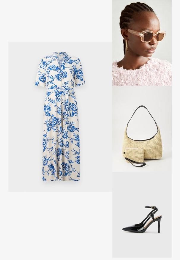 Šaty s krátkým rukávem z krémové tkaniny s modrým květinovým vzorem, s knoflíkovou přední částí, páskem v oblasti pasu a délkou ke kolenům. Standardní design límce.; Černé lakované kožené lodičky na vysokém podpatku s špičatou špičkou, nastavitelným páskem kolem kotníku a otevřenými stranami. Hladká textura.; Béžové oversized sluneční brýle s transparentním rámem a hnědými skleněnými čočkami, které mají jemné květinové detaily a výrazný, geometrický design.; Tkaná slaměná taška s zakřiveným siluetou, která má hladký černý kožený popruh a odpovídající malou taštičku připevněnou zápěstním páskem.