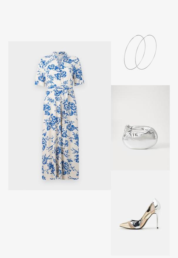 Krátke šaty s krátkym rukávom z krémovej látky s modrým kvetinovým vzorom, s gombíkovým zapínaním na prednej strane, opasok v páse a dĺžka po kolená. Štandardný dizajn goliera.; Lodičky s špičatou špičkou v striebornom, zlatom a telovom farebnom prevedení. Lesklý povrch s výrezovým dizajnom, s ihlovým opätkom.; Strieborná metalická taška s mäkkým, zaobleným tvarom a uzáverom s uzlíkom. Vyrobená z hladkej syntetickej kože.; Strieborné kruhové náušnice s minimalistickým dizajnom. Cirkulárny tvar, hladký povrch a tenký profil. Ľahké s lesklým povrchom.
