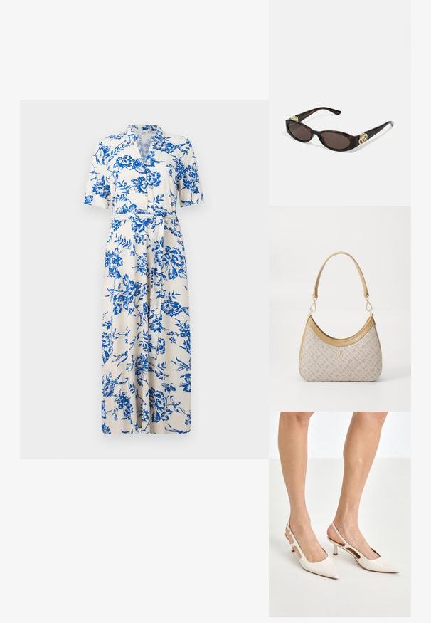 Abito a maniche corte in tessuto crema con motivo floreale blu, chiusura frontale a bottoni, vita cintrata e orlo fino al ginocchio. Design del colletto standard.; Tacchi slingback in pelle lucida beige con punta affusolata e tacco di 5 cm, caratterizzati da lati traforati e una sottile fascia alla caviglia.; Occhiali da sole tartarugati con lenti ovali allungate, tonalità marrone, accenti dorati con logo sulle tempie e aste nere eleganti.; Borsa a tracolla beige con un motivo stampato, forma curvata, dettagli in pelle e un logo dorato sul davanti. Presenta una maniglia corta per un facile trasporto.