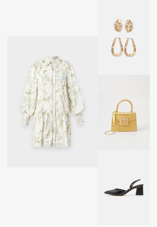 Vestido floral com mangas bufantes, base branca e flores verdes, frente com botões, cintura franzida, tecido texturizado e punhos com volantes.; Sandal de salto baixo com biqueira em ponta, feita de pele lisa, apresentando tiras finas na parte de trás para um ajuste seguro.; Bolsa amarela em pele de crocodilo falsa, com um design estruturado, pega no topo, alça de corrente removível e decoração de cristal no fecho.; Brincos em tom de ouro com formas onduladas e texturizadas. Inclui studs escultóricos com presilha e um design de argola aberta com um acabamento martelado.