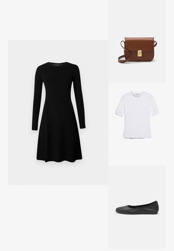 Schwarzes langärmeliges Kleid mit rundem Ausschnitt und ausgestelltem Saum. Hergestellt aus geripptem Stoff mit Nahtdetails an Vorder- und Rückseite.; Weißes kurzärmliges T-Shirt aus geripptem Stoff. Runder Halsausschnitt, normale Passform und dezente Nähte. Keine Muster oder Grafiken.; Schwarze Leder-Ballettschuhe mit abgerundeter Spitze, glatter Textur, minimalen Nähdetails und einem flexiblen Sohlen-Design.; Braune Ledertasche mit Klappenverschluss, Beschlägen in Goldfarbe, einem Schultergurt und einer glatten Oberfläche. Kompakte rechteckige Form.