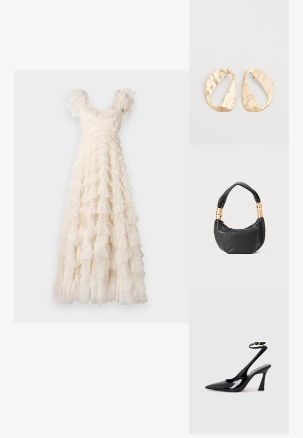 Maxiklänning i elfenbensfärgad tyg, med lager av volanger, korta puffärmar och en figursydd bodice. Delikat textur med subtila mönster.; Svart patentläder slingback högklackade skor med spetsig tå, justerbar ankelsnodd och en måttlig blockklack. Slät yta med glansig finish.; Svart läderhandväska med rund form, mjuk textur och ett knuthandtag med detaljer i guldfärg. Dragkedjestängning.; Ett par oregelbundna ovalformade örhängen i guldtonad metall med en strukturerad, något hamrad yta på en vit bakgrund.; Ett par oregelbundna ovalformade örhängen i guldtonad metall med en strukturerad, något hamrad yta på en vit bakgrund.