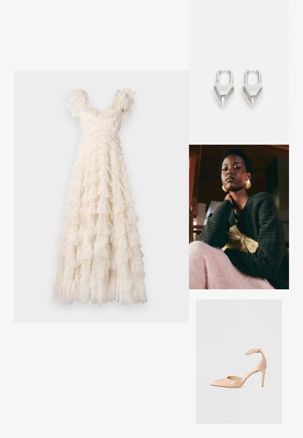 Maxime dress in valkoisesta kankaasta, jossa on kerrostettuja röyhelöitä, lyhyet puff-hihat ja istuva bodice. Hento tekstuuri hienovaraisilla kuvioilla.; Nude lakattu kärkitossu, jossa on nilkkahihna ja tendo, ominaisuutena sileä pinta ja minimalistinen muotoilu.; Loeffler Randall PLEATED FRAME WITH BOW - Pikkulaukku - gold-coloured; Hopeakuvioiset sydämen muotoiset rakkaussulkeet, joissa on kaiverrettu "KYLLÄ" ja "EI" -tekstit, kiiltävä pinta, symmetrinen muotoilu ja kestävä metalliovi.